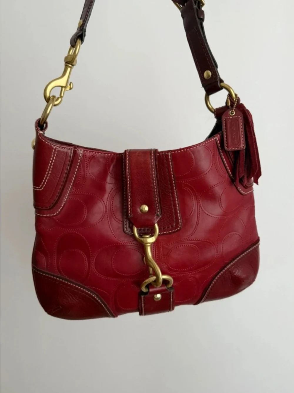 Coach Hampton Shoulder Bag & Wallet Set,Deep Red Embossed Leather, Chunky Brass